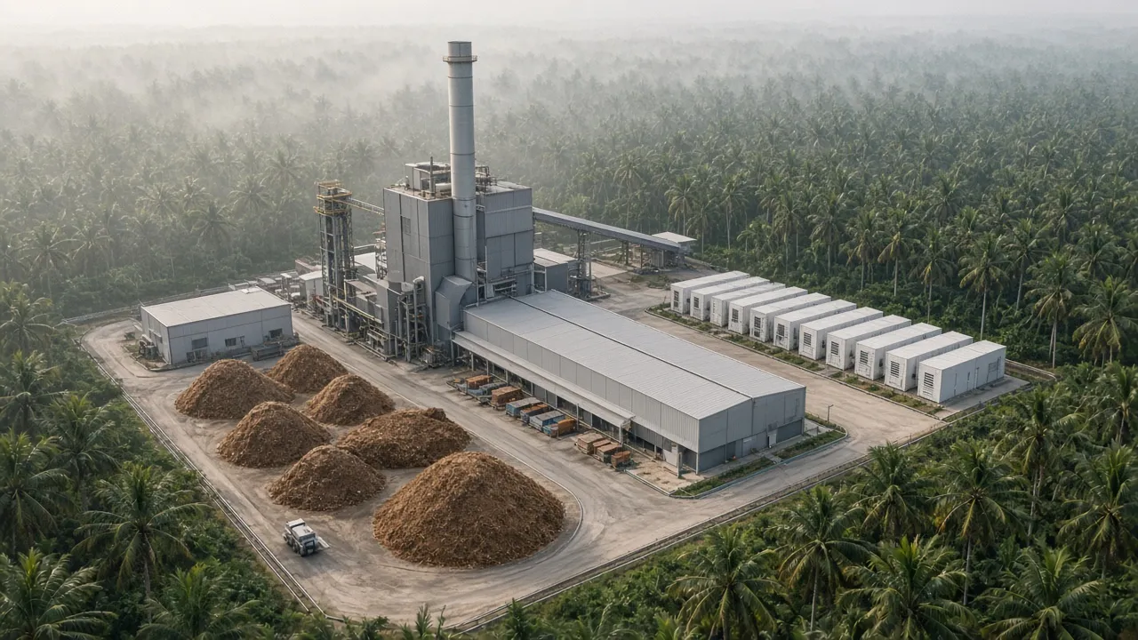 Aerial render: biomass power plant with fuel yard and modular data center units in a coconut plantation