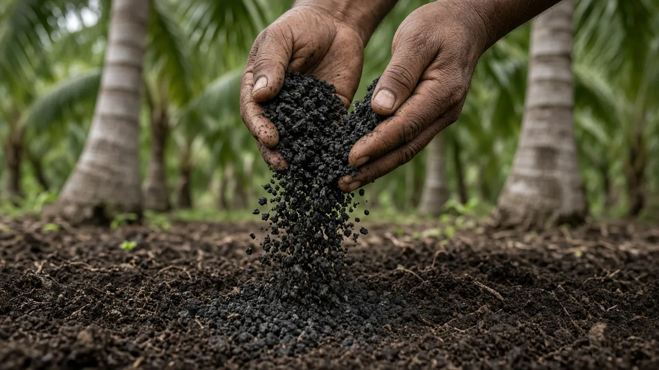 Hands spreading biochar onto tropical soil between coconut palms