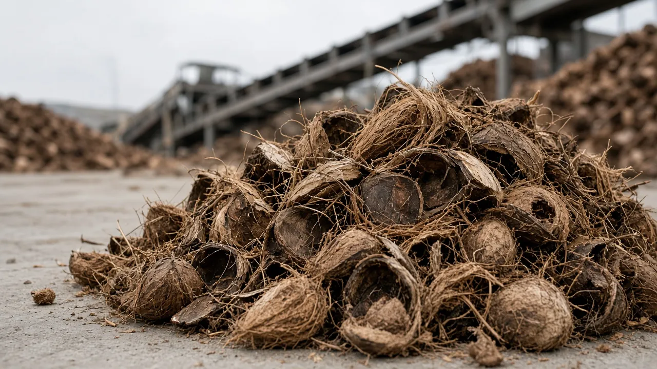 Coconut husks and shells collected as fuel